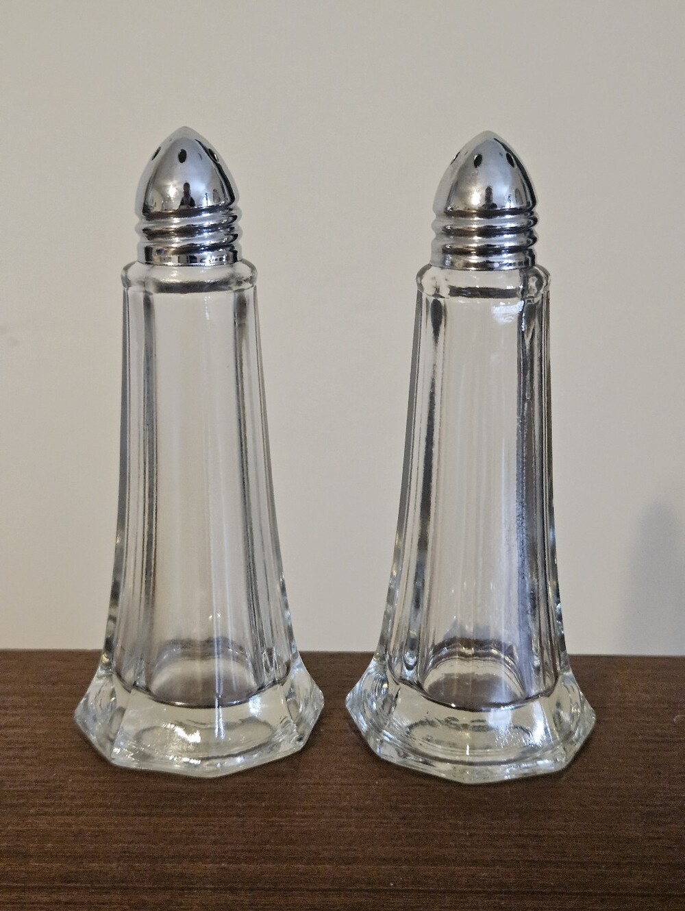 Clear Glass tower style fluted salt & pepper shakers